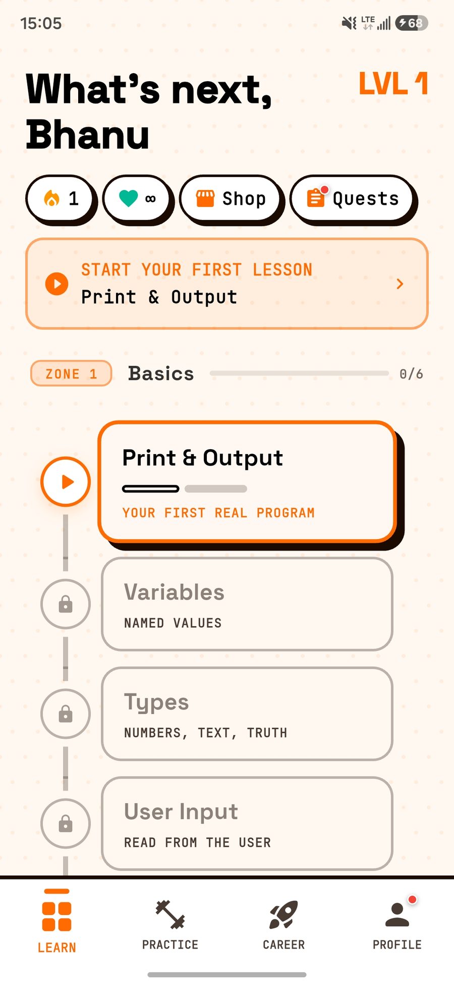PyMaster lesson path, with Print and Output as the first unlocked lesson.